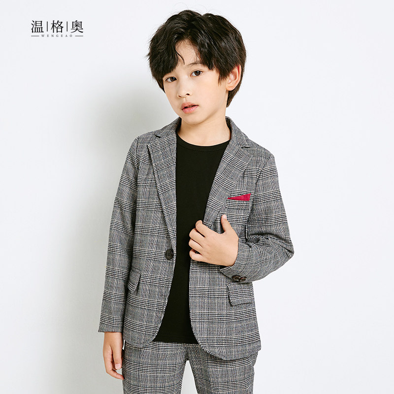 Spring and autumn children's suit suit flower boy boy handsome plaid suit elastic pants dress handsome British coat