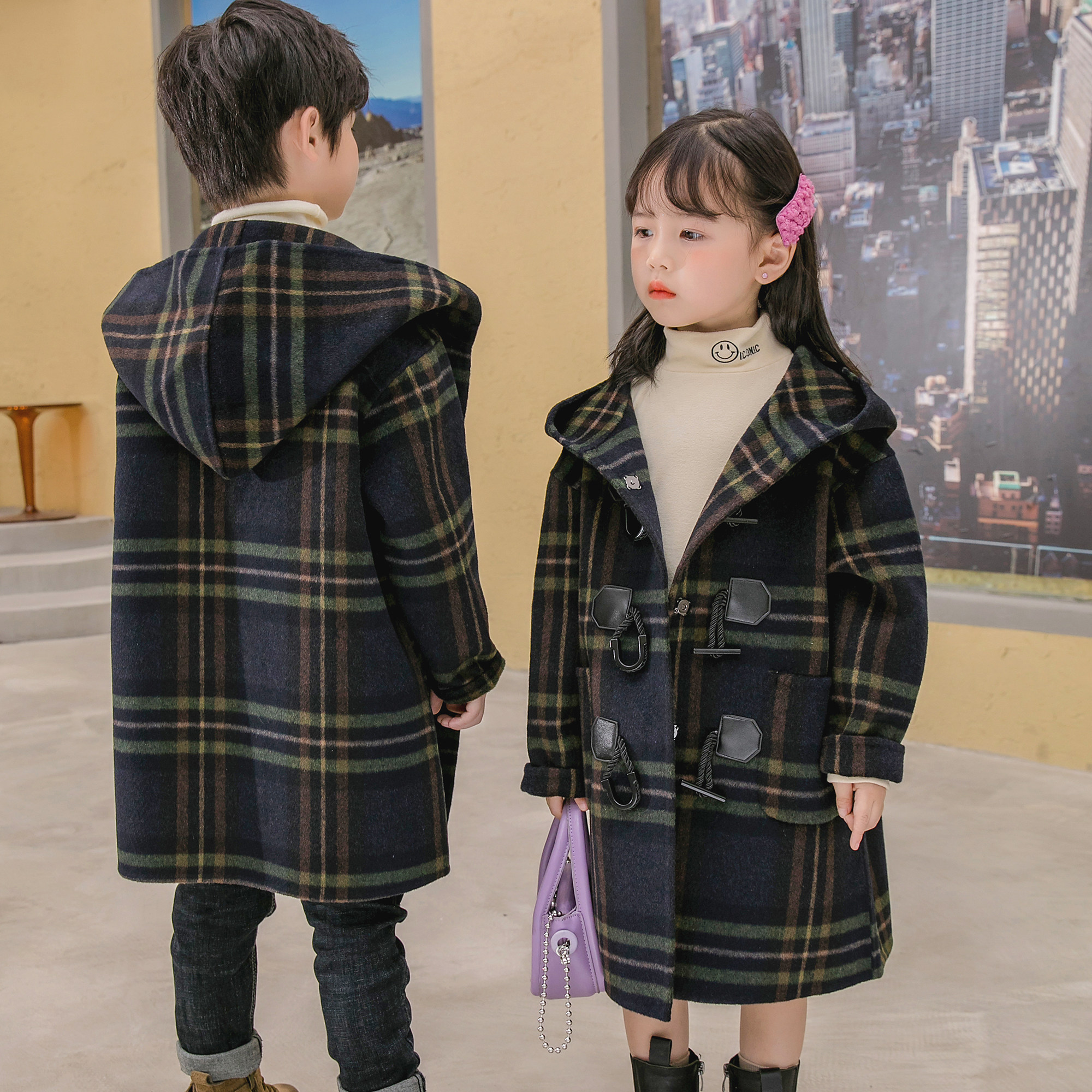 Korean version Children's double face cashmere big coat winter new medium long version of the horn button CUHK wool wool coats male and female children