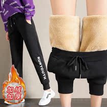 2022 winter sports pants womens loose bundled feet look thin plus velvet thickened casual pants students ins trendy black trousers