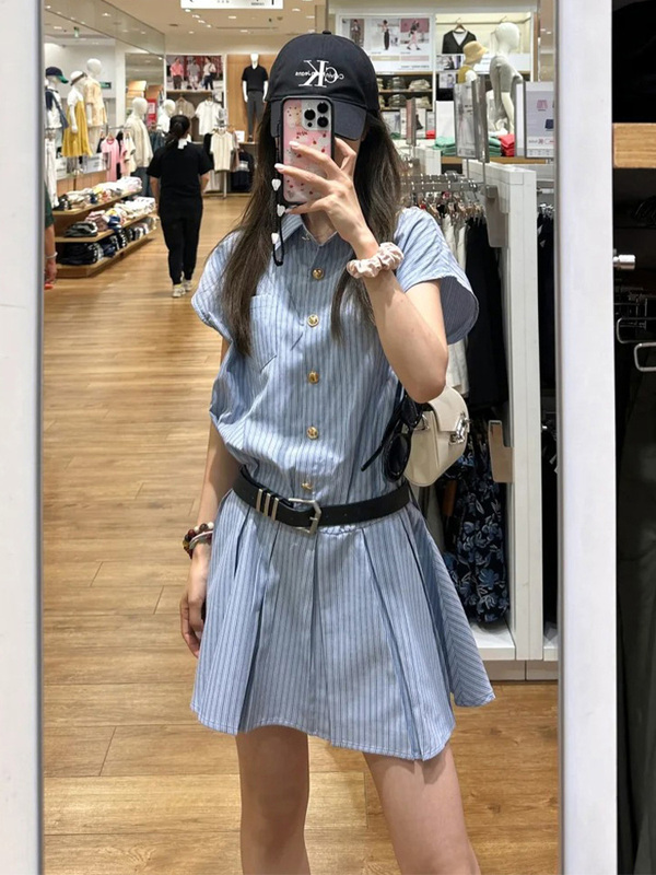College Style Shirt Dress, French Short Skirt, Summer Outfit, Complete Set of Korean Disney Style Short Skirt