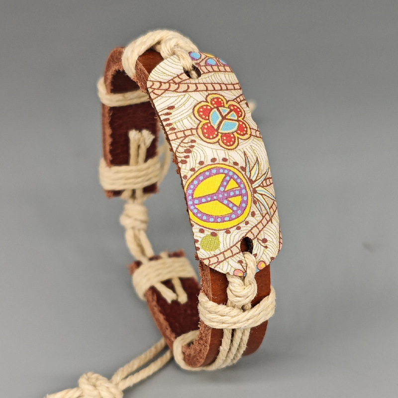 Trendy European and American Style Japanese and Korean Hemp Rope Braided Student Bracelet with Vintage Style Heat-Printed Peace Sign Leather for Women