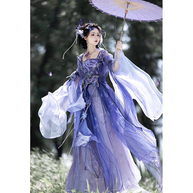 Original Hanfu for Women [Butterfly] Northern and Southern Dynasties Style Large-Sleeved Purple Shirt Set with Chest-Length Heavy Embroidery, Exotic Spring and Summer Style