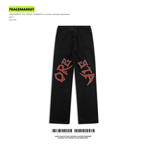 PEACEMARKET AMERICAN HIPHOP PANTS BLACK LETTERS EMBROIDERED JEANS MALE TIDE CARDS HIGH STREET WIDE LEG PANTS