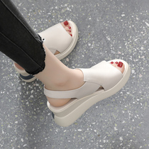 Thick bottom wedge sandals womens 2021 new summer leather high-heeled fish mouth womens shoes fashion height-increasing platform shoes