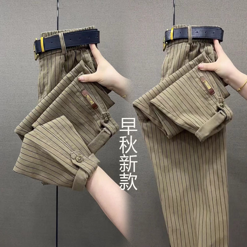 Autumn New Striped Casual Pants for Women, Pure Cotton Versatile Loose Cargo Pants, Fashionable High-Waisted Slim-Fit Dad Pants