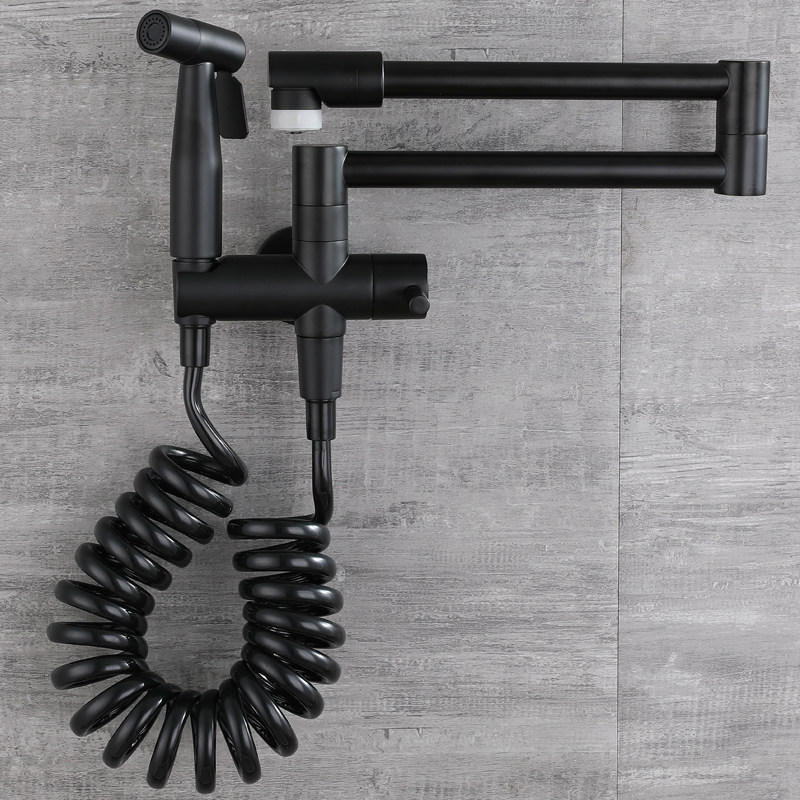 All-copper in-wall folding single cold water faucet kitchen wash basin sink balcony telescopic rotating belt spray gun black