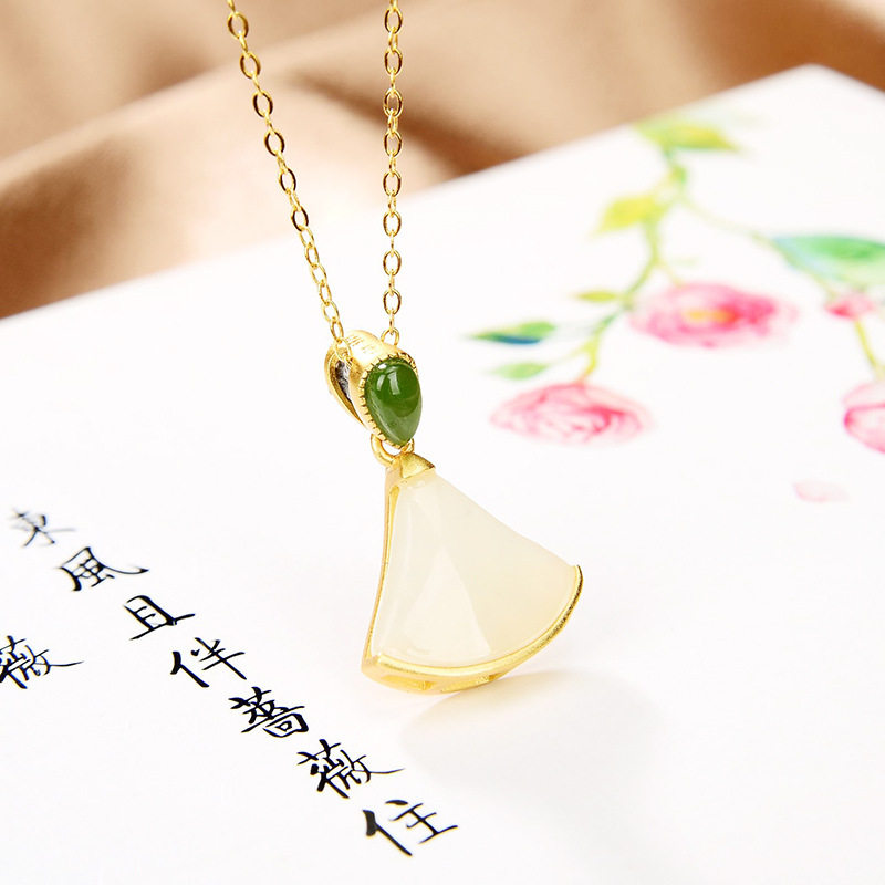 Hetian jade white jade ancient silver pendant s925 silver inlaid small skirt fan-shaped jasper pendant necklace light luxury women's gift