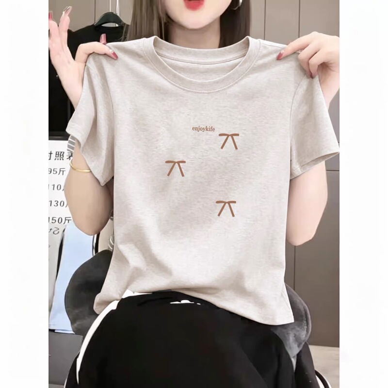 Summer Regular Shoulder Pure Cotton Round Neck Short-Sleeve T-Shirt for Women, Fashionable, Versatile, Stylish, Age-Reducing, Light Floral Gray Top, Base Shirt