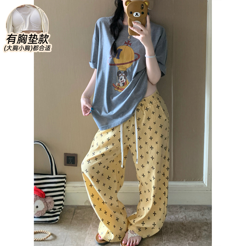 Mickey Pajamas for Women with Chest Pads, Summer Pure Cotton Short-Sleeved Long Pants, Cartoon 2026 New Thin Style, Can Be Worn Outside, Home Wear
