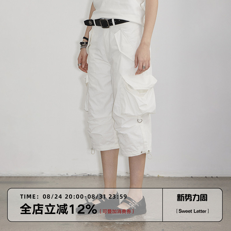 Sweet Letter Casual Workwear Three-Quarter Length Pants with Pleated Straight Cut and Three-Dimensional Pockets, Mid-Length Five-Quarter Shorts for Women