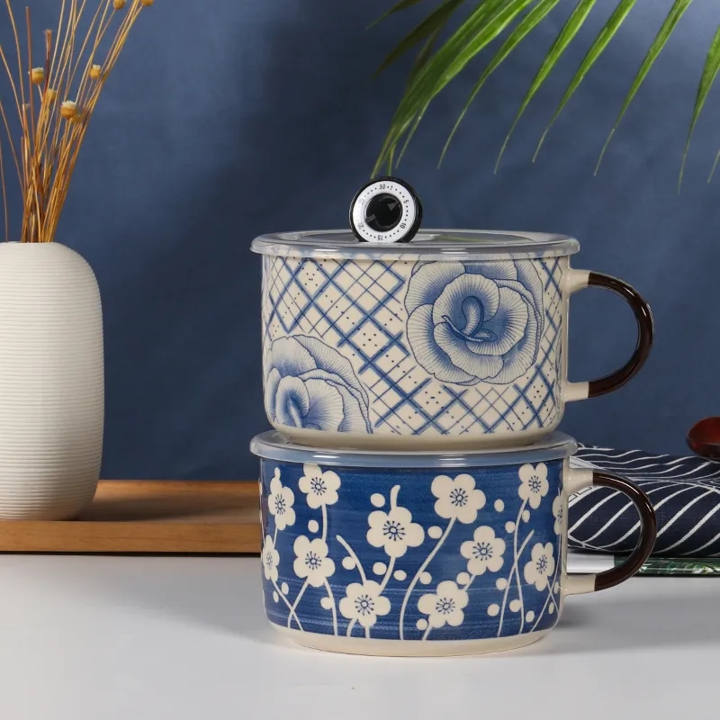 Ceramic lunch box with lid and handle blue instant noodle bowl lunch box tableware creative cute instant noodle cup soup bowl 800ml