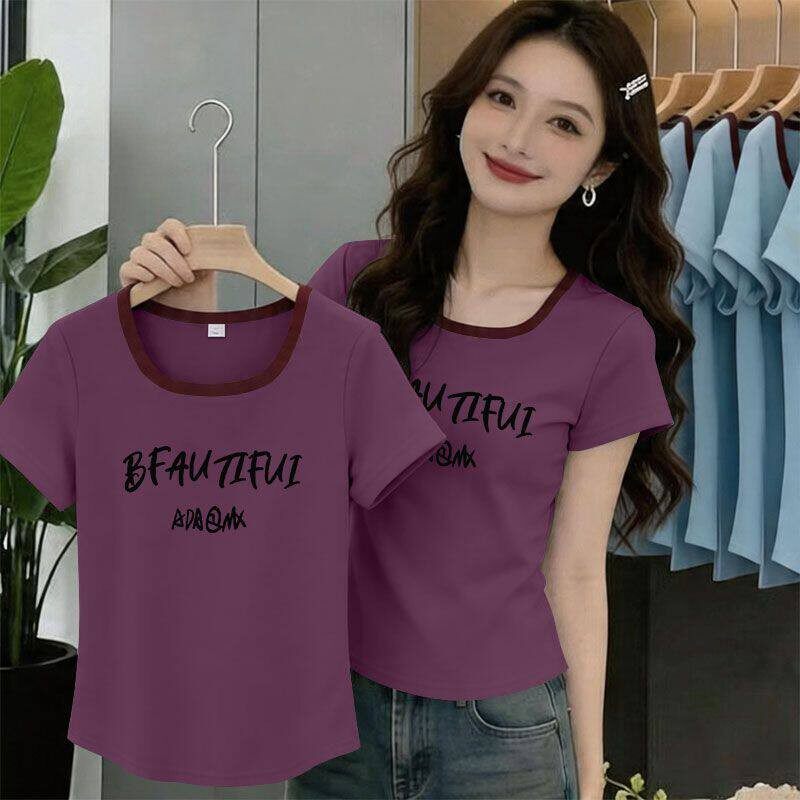 100%纯棉方领短袖T恤女夏季新款时尚百搭宽松显瘦弧形下摆上衣服