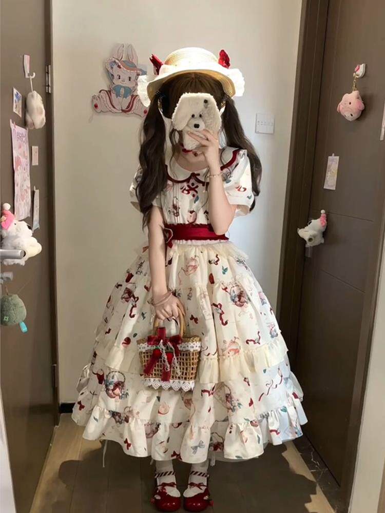 Китайцы одежда наборы 夏日甜美少女感红色lolita公主裙女娃娃领印花泡泡袖收腰中长裙子