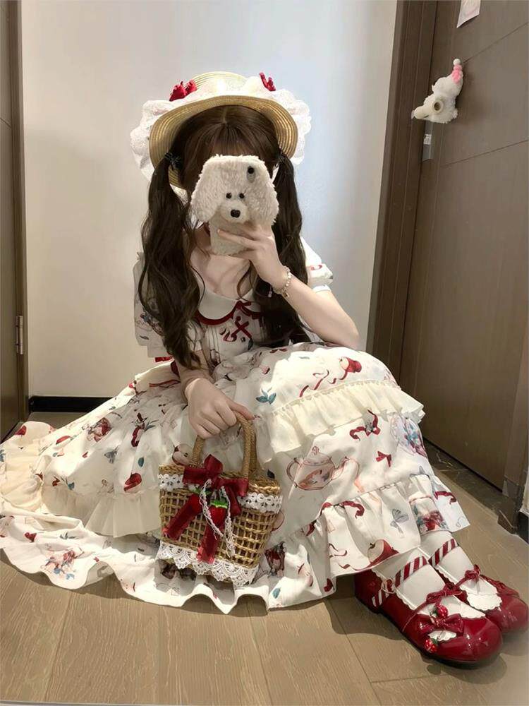 Китайцы одежда наборы 夏日甜美少女感红色lolita公主裙女娃娃领印花泡泡袖收腰中长裙子