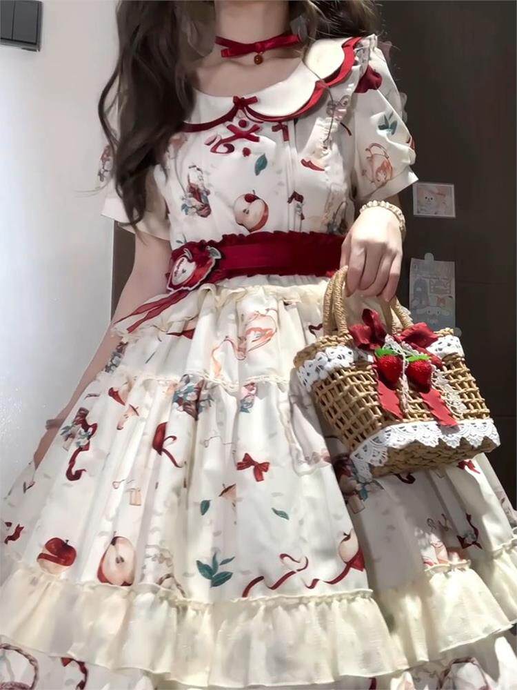 Китайцы одежда наборы 夏日甜美少女感红色lolita公主裙女娃娃领印花泡泡袖收腰中长裙子