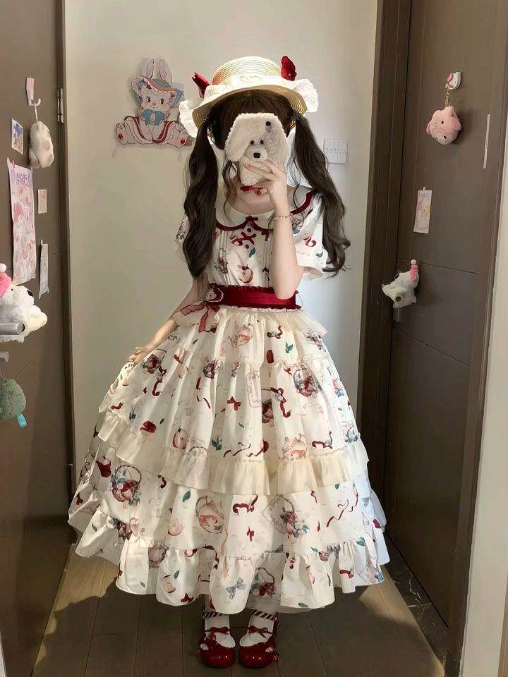 Китайцы одежда наборы 夏日甜美少女感红色lolita公主裙女娃娃领印花泡泡袖收腰中长裙子
