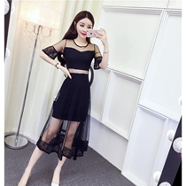 One-piece dress Women Summer Korean version Temperament Splicing Trumpeter Sleeves Sexy web yarn Skinder body slim fit waist long skirt