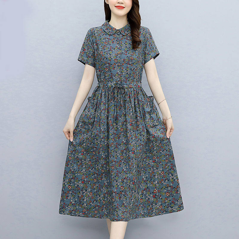 2021 Summer new collection Waist Temperament Printed Skirt in Long Edition Fashion Small Chopped Flowers Casual Cotton Linen Dress women