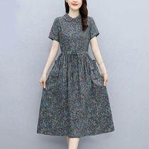 2021 Summer new collection Waist Temperamental printed dresses Long style Fashion Small Crushed Flowers Casual Cotton Linen Dress