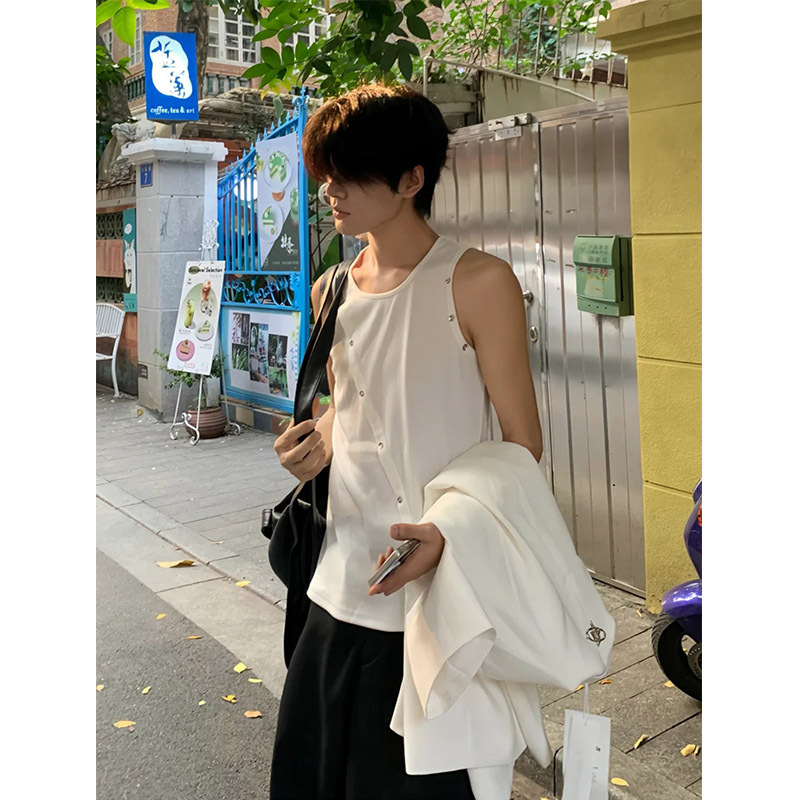 Men's Summer Knit Vest with Unique Design, American Retro Style, Irregular Button-Up Sleeveless Top