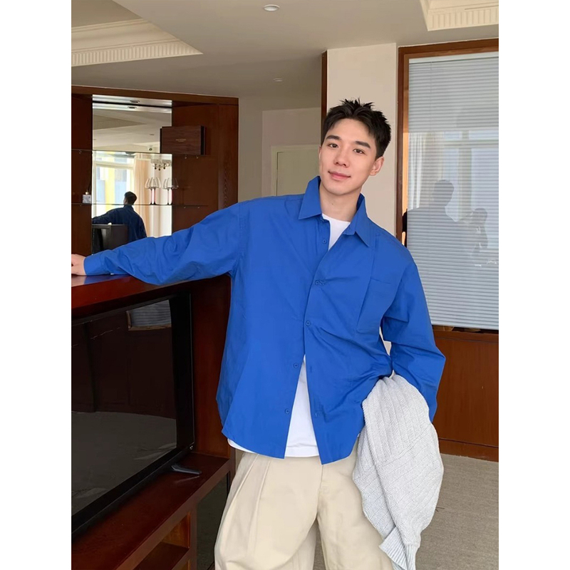 Klein Blue Long-Sleeved Shirt for Men, Spring and Autumn, American Style Cleanfit, Minimalist, Workwear, Casual, Versatile Couple Shirt