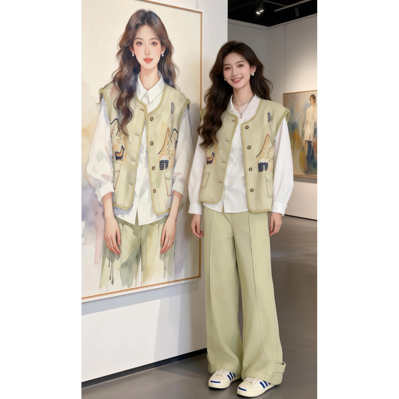 Heavy-Duty Graffiti Embroidery Vest Shirt Early Spring Suit for Women 2026 New High-End Elegant Women's Three-Piece Set
