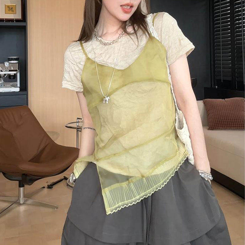 2026夏季新款时尚休闲百搭叠穿吊带短袖t恤女高级感洋气百搭上衣