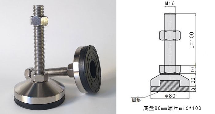 D60sus304 Black Rubber Slip and Shock Resistant Stainless Steel Adjustable Feet Foot Support Foot Cup M8m10m16