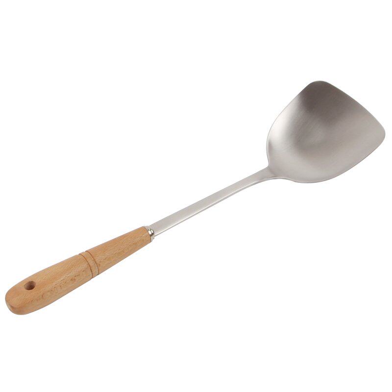 304 stainless steel frying shovel frying spoon plus long handle soup spoon household spatula anti-scalding wooden handle cooking shovel kitchen set