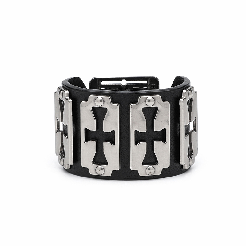 Rebel Wave26Ss “ ╋ Genuine Leather Cross Blade Bracelet Punk Subculture Style Bangle
