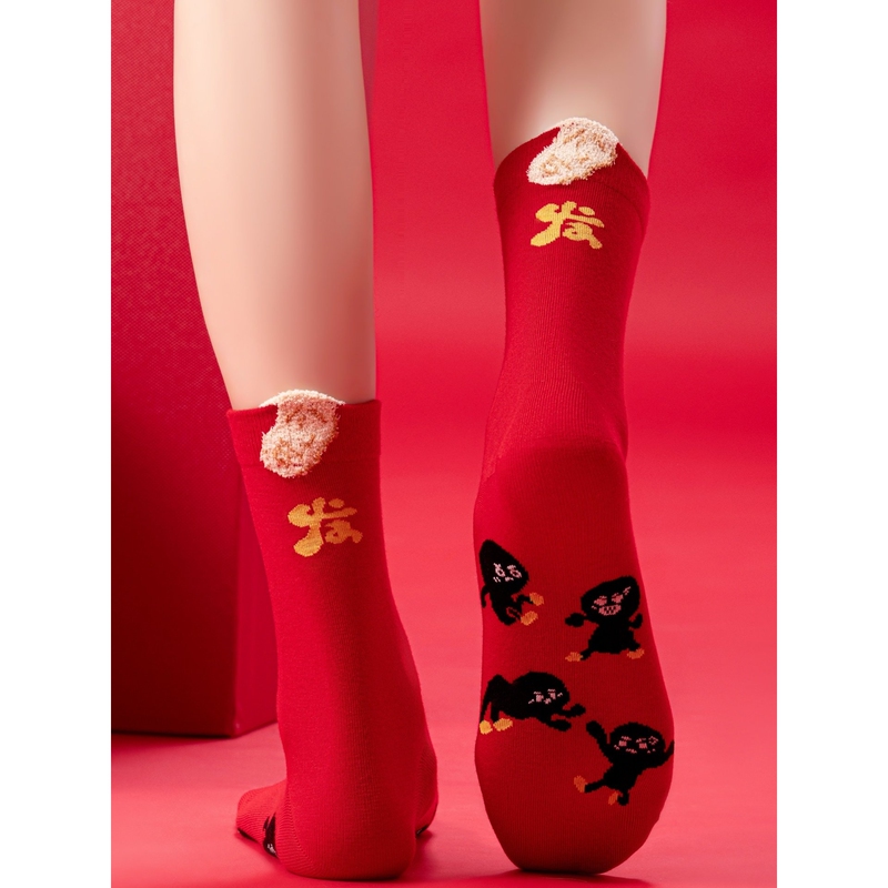 Primeet/Paimi Red Socks for Women, Pure Cotton, Seamless Sole, Little People Pattern, Wedding Celebration