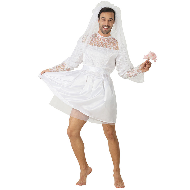 Men's White Wedding Dress, Women's Drag Queen Cross-Dressing as a Bride, Wedding Funny Costume Performance Props Men's White Wedding Dress, Women's Drag Queen Cross-Dressing as a Bride, Wedding Funny Costume Performance Props