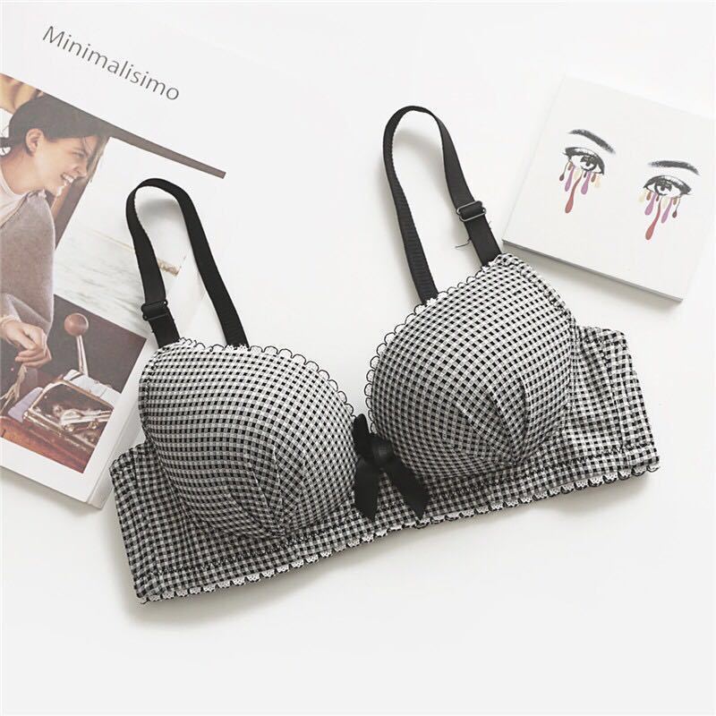 Girls' High School and College Student Underwear, Wire-Free Push-Up Bra, Adjustable Anti-Sagging Thin Lace Plaid Bra