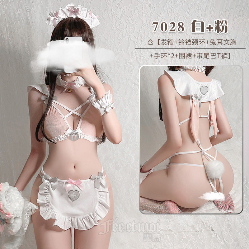 Well behay cute little rabbit three-point style hollowed-out bra powder tender nurse suit sexy laces agaric side apron maid uniform
