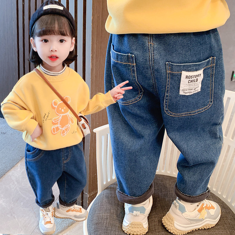 Girl gush jeans winter clothing 2021 new children's baby thickened casual pants Korean version small and medium sized pants Pants Tide