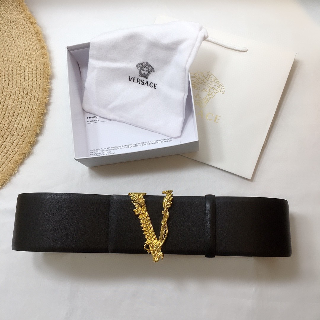 Style 5Versace Versace ma'am Medusa cowhide belt Belt Old silver Bright gold wire drawing Gun black 7c m