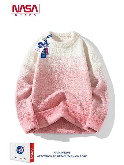 NASA WTAPS日系慵懒风圆领针织衫男款秋冬渐变情侣毛衣百搭打底衫