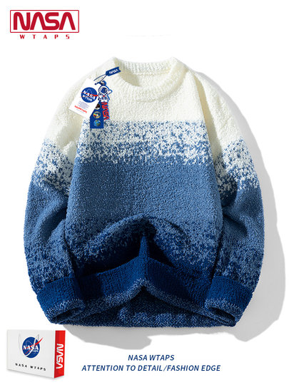 NASA WTAPS日系慵懒风圆领针织衫男款秋冬渐变情侣毛衣百搭打底衫