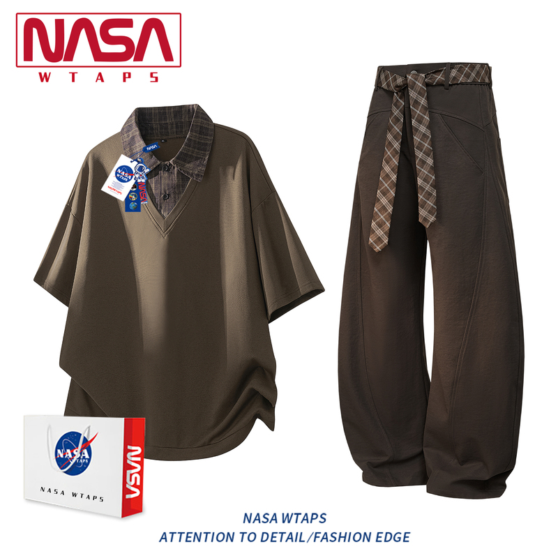 Nasa Wtaps Old Money Style American Retro Fake Two-Piece Short-Sleeved T-Shirt Men's Polo Shirt Casual Sports Suit