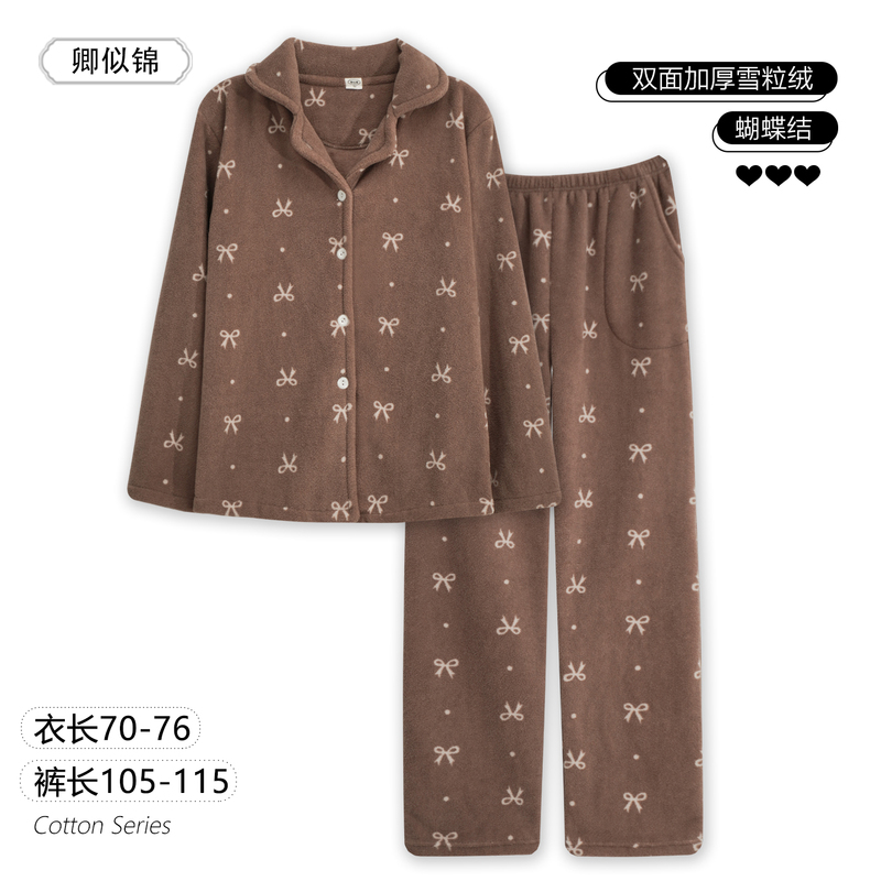 Autumn and Winter Long Fleece-Lined Thickened Warm Pajamas for Tall Women, Polar Fleece Loungewear Set with Bow