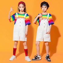 Children cheerleader acting out of the kindergarten Summer Games Dance Performance Costume Red Back with Pants Clothing Short Sleeves