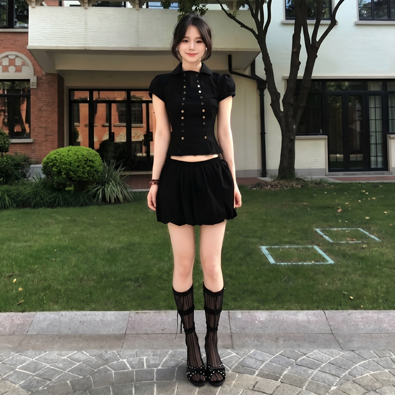 Summer Black Double-Breasted Puff Sleeve Top with a High-End Chic and Unique Feel, Women's Floral Skirt Two-Piece Set Summer Black Double-Breasted Puff Sleeve Top with a High-End Chic and Unique Feel, Women's Floral Skirt Two-Piece Set