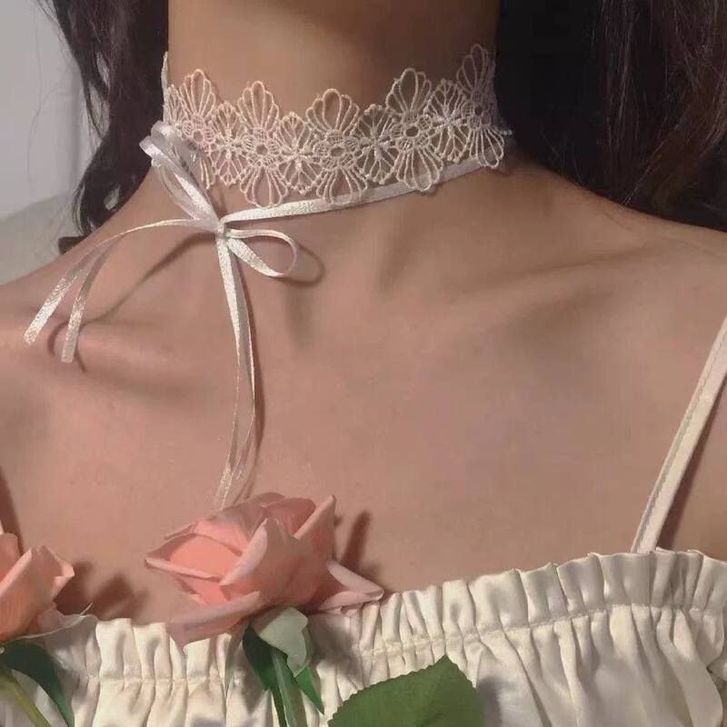 Girl's White Lace Lace-Up Choker Collarbone Chain Korean Style Short Necklace Neck Accessory