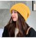 Yellow Knitted Hat with Lettering, Korean Style, Casual Fabric Label, Thickened for Women, Autumn and Winter, Large Head Circumference, Makes Face Look Smaller, Woolen Hat, Cold Weather Hat for Men