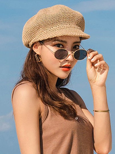 Summer Thin Beret Hollow Hat Women's Summer Korean Style Octagonal Hat Straw Hat Sun Protection Mesh Hat Travel Sun Hat
