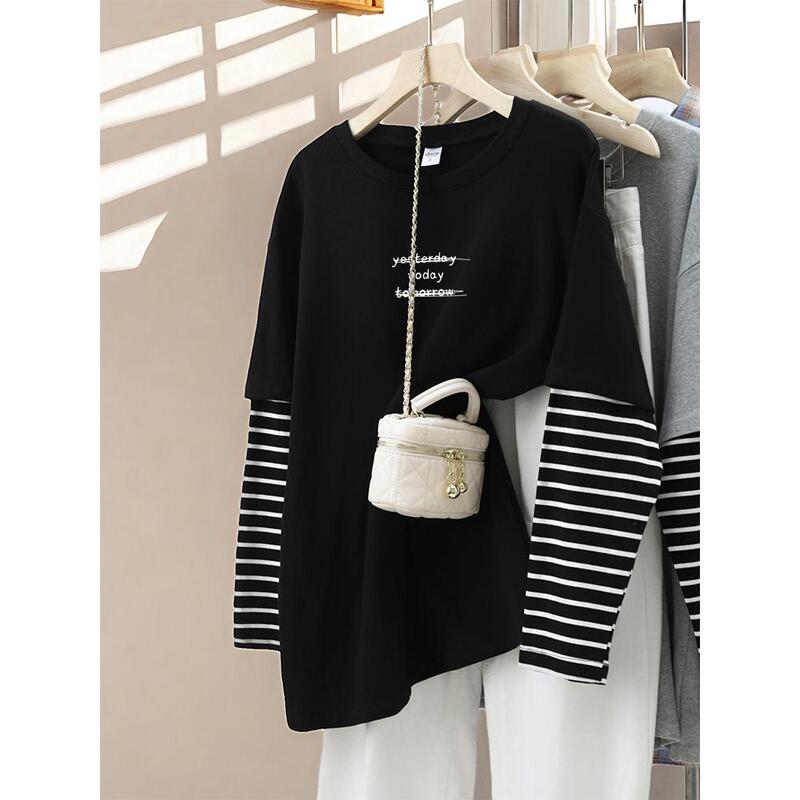 Trendy Plus-Size Women's Cotton Short-Sleeve T-Shirt with a Unique Design, Faux Two-Piece Style, European Style, Large Size, Fashionable Trendy Plus-Size Women's Cotton Short-Sleeve T-Shirt with a Unique Design, Faux Two-Piece Style, European Style, Large Size, Fashionable