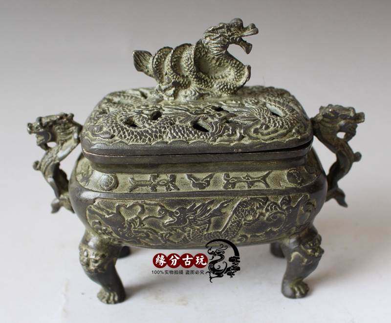 (Hui Poly) Pure copper pendulum Bronze Tripod Pan Dragon 4-foot tripod Shengcai Shuangolong Incense Burner is dedicated to the antique Buddha's tripod