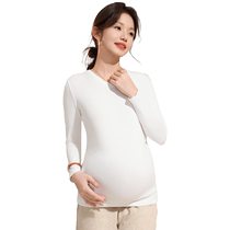 Catman Maternity Bottoming Shirt Womens Spring and Autumn Modal Round Neck Stretch Pregnancy Outer Top Long Sleeve Maternity Clothes
