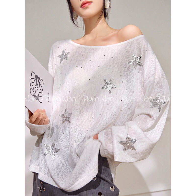 Plum Jan/Niche Relaxed Style Star Sequin Design Loose Casual Long-Sleeve New Blouse Top for Women Plum Jan/Niche Relaxed Style Star Sequin Design Loose Casual Long-Sleeve New Blouse Top for Women