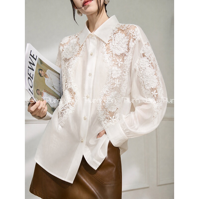 Plum Jan/French-Style Heavy Lace Hollow-Out Design Long-Sleeve Versatile White Collared Shirt Fashionable Blouse for Women Plum Jan/French-Style Heavy Lace Hollow-Out Design Long-Sleeve Versatile White Collared Shirt Fashionable Blouse for Women